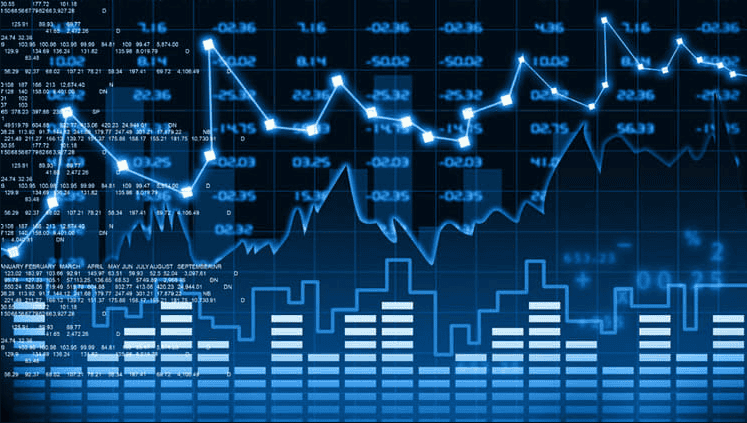Stock market trend chart with data points and financial indicators.