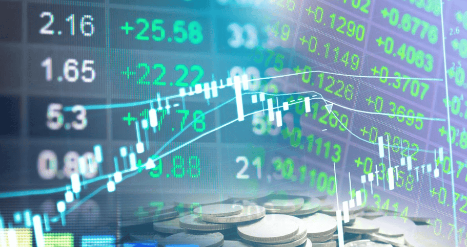 Financial market data with stock charts and coins for investment insights.