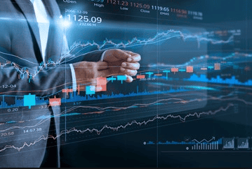 Financial data analysis with stock market charts and graphs.