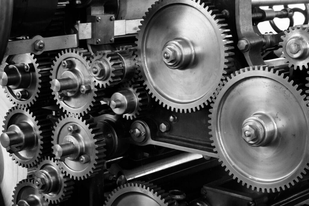 Gear mechanism with interconnected gears for precise mechanical movement.