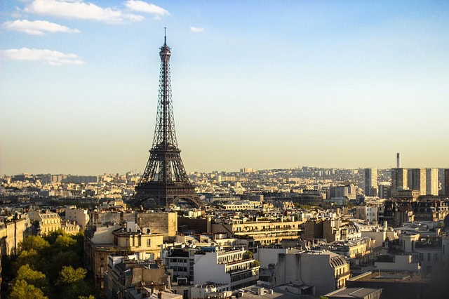 Eiffel Tower with cityscape of Paris in the background.