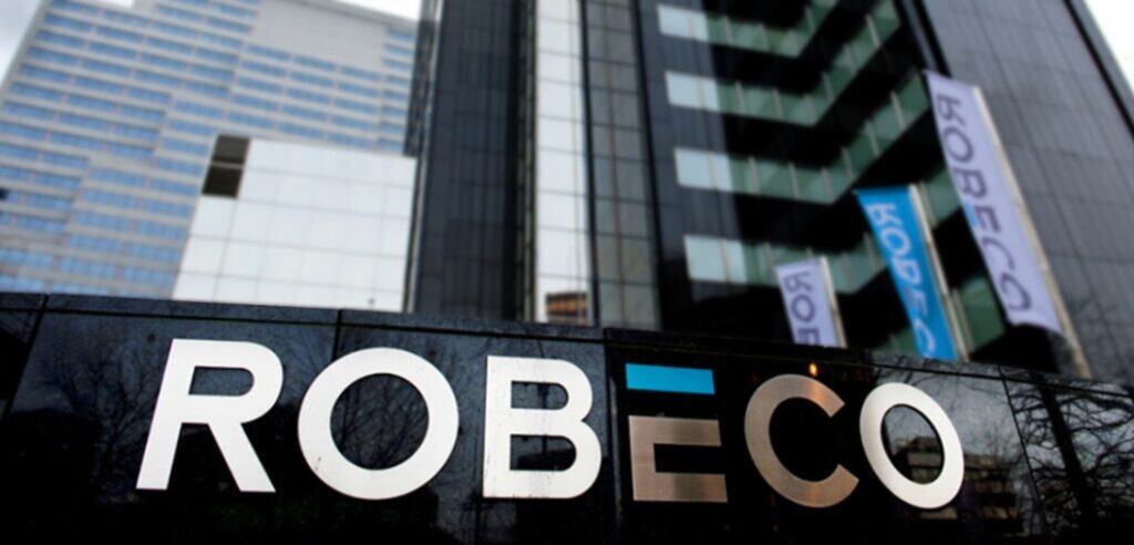 Modern Robeco office building with corporate signage in a city skyline.