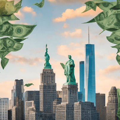 Iconic New York City skyline featuring Statue of Liberty, One World Trade Center, and flying dollar.