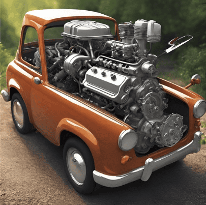Vintage microcar with a prominent engine, set outdoors on a dirt road.