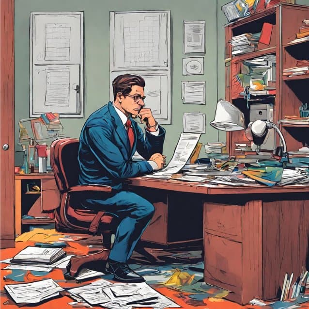 Office worker analyzing documents at cluttered desk in a busy workspace.