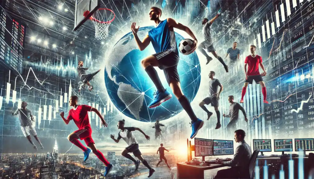 Futuristic sports analytics with digital data and global sports figures.