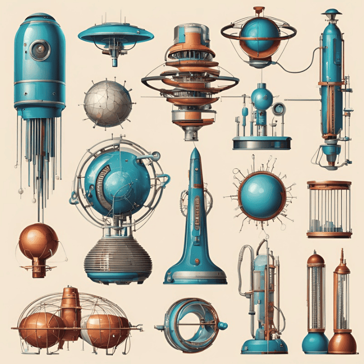 Collection of futuristic scientific devices and machinery in blue and copper tones.
