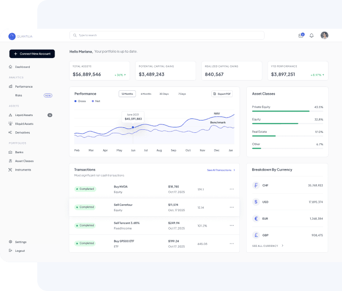 Portfolio reporting platform dashboard with performance metrics and asset classes.