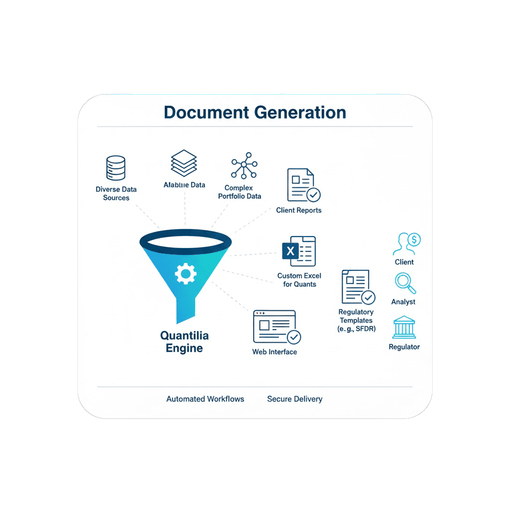 Quantilia engine for automated document generation and data processing.