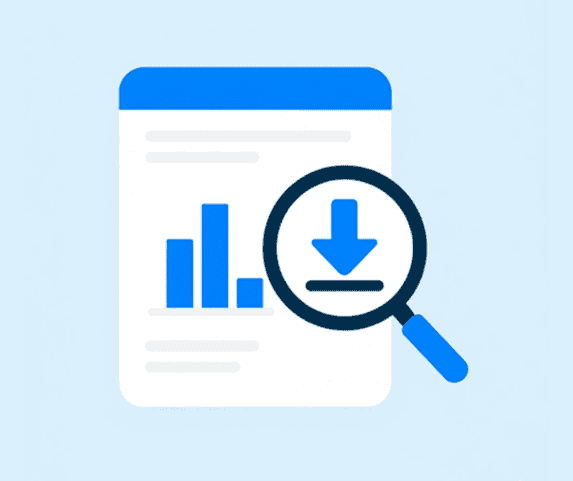 Data analytics report with magnifying glass and download icon.