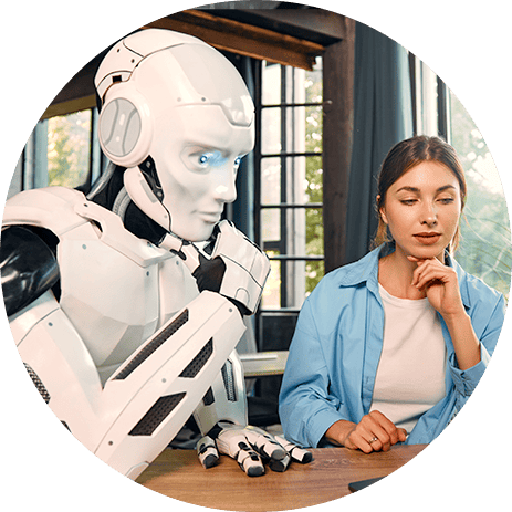 AI-powered robot interacting with a woman in a modern office setting.