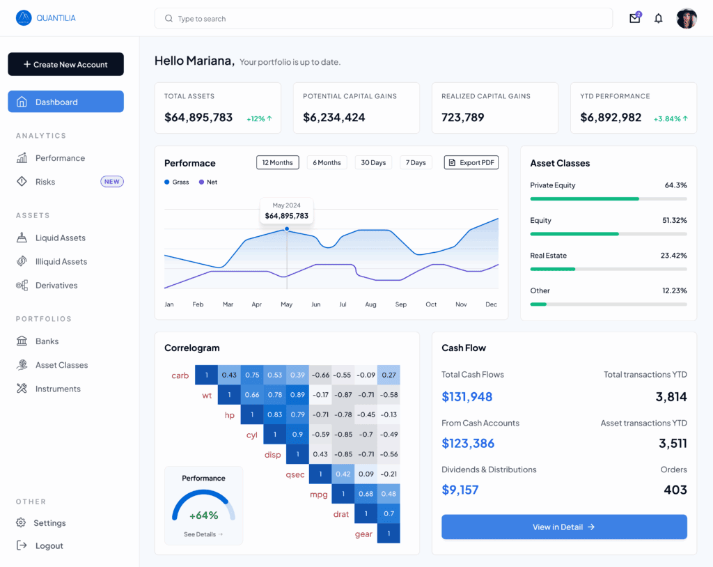 Interactive portfolio reporting platform with analytics and asset management tools.